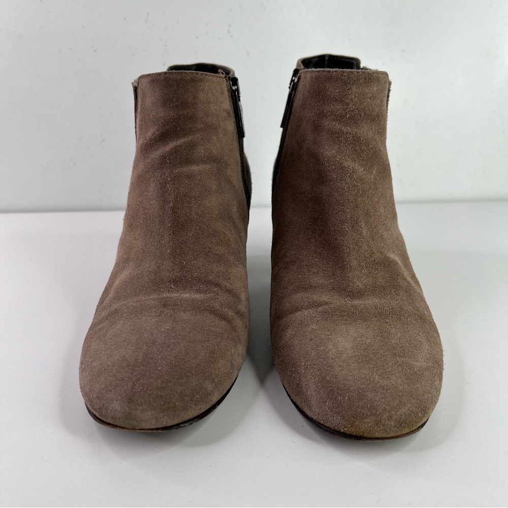 Aquatalia Tan Taupe Suede Leather Stacked Heel Zip Ankle Bootie Boot 8.5 - Picture 5 of 12